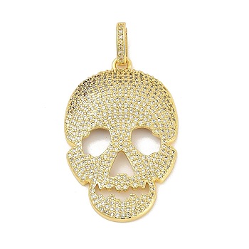 Brass Micro Pave Cubic Zirconia Pendants, Skull Charms, Real 18K Gold Plated, 41x27x5mm, Hole: 8x4.5mm