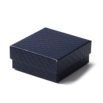 Cardboard Jewelry Boxes, with Black Sponge inside, Sqaure with Rhombus Pattern, Prussian Blue, 7.5x7.5x3.3cm, Inner Diameter: 7x6.8x1.65cm