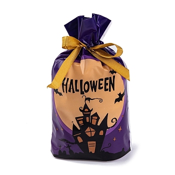 50Pcs Rectangle Halloween Candy Plastic Bags, Haunted House/Castle Printed Candy Drawstring Bags, Indigo, 23.2x14.9x0.05cm