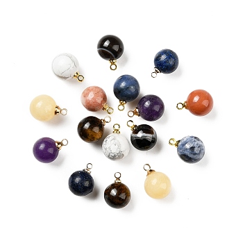 Nbeads 16Pcs 8 Style Natural Gemstone Charms, with Golden Brass Loops, Round, 14x10.5mm, Hole: 1.5mm, 2pcs/style