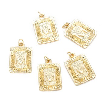 Brass Pendants, with Jump Ring, Long-Lasting Plated, Cadmium Free & Nickel Free & Lead Free, Rectangle with Alphabet, Real 18K Gold Plated, Letter.M, 23.5x16x2mm, Jump Ring: 5x0.7mm, 3.6mm Inner Diameter