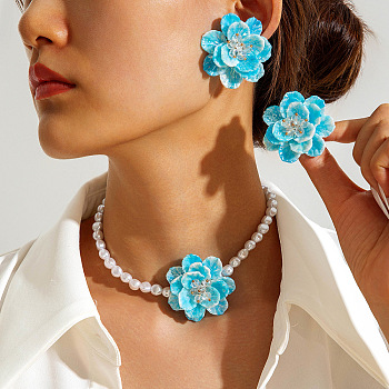 Plastic Imitation Pearl Bead & Resin & Glass Pendant Necklaces & Stud Earrings, Flower, Deep Sky Blue, Necklace: 14.37 inch(36.5cm)