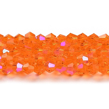 Transparent Electroplate Glass Beads Strands, AB Color Plated, Faceted, Bicone, Orange Red, 4x4mm, Hole: 0.8mm, about 87~98pcs/strand, 12.76~14.61 inch(32.4~37.1cm)