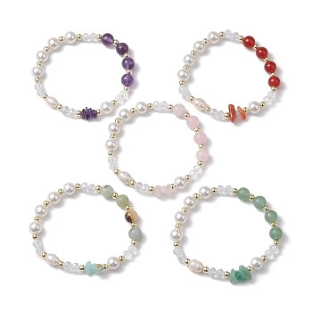 Round Gemstone & Shell Pearl Beaded Stretch Bracelets for Women, Inner Diameter: 2-1/8~2-1/4 inch(5.4~5.7cm)