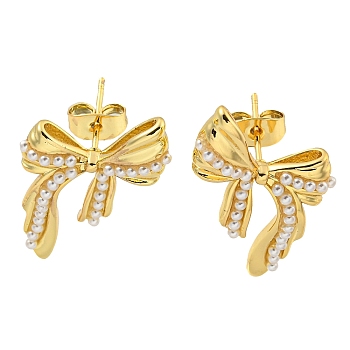 Brass Stud Earrings, Plastic Imitation Pearl Earrings for Women, Bowknot, Real 18K Gold Plated, 21x18mm