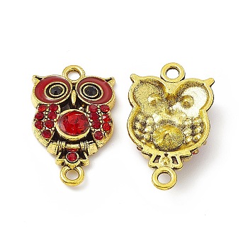 Alloy Rhinestone Connector Charms, Owl Charms, with Enamel, Antique Golden, Red, 25x15x4.5mm, Hole: 2mm
