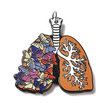 Perfect Printed Acrylic Pendants, with Iron Jump Ring, Lung Charms, Butterfly, Sandy Brown, 40x38x2.5mm, Hole: 5mm