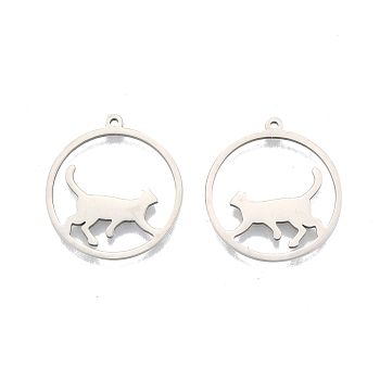 201 Stainless Steel Pendants, Ring with Cat, Stainless Steel Color, 27x25x1.5mm, Hole: 1.4mm