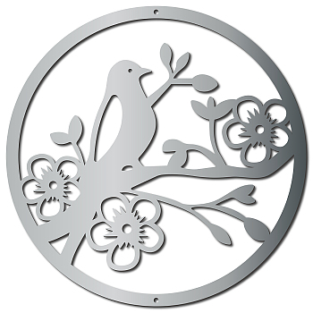 Iron Hanging Decors, Metal Art Wall Decoration, Round with Bird Pattern, for Living Room, Home, Office, Garden, Kitchen, Hotel, Balcony, with Wall Anchor & Screw, Silver Color Plated, 300x1.8mm