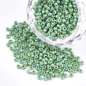 Opaque Glass Seed Beads, Rainbow Plated, Round, Medium Sea Green, 4mm, Hole: 1.5mm, about 4500pcs/bag