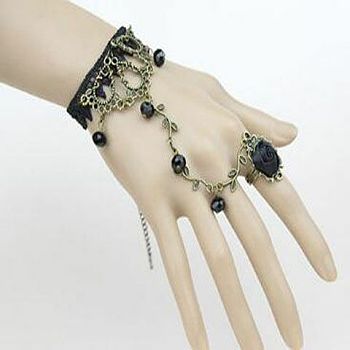 Gothic Style Retro Alloy Lace Flower Link Rings Bracelets for Women, Black, No Sise