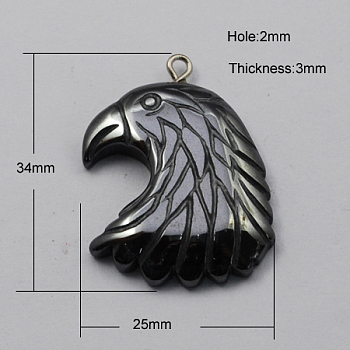 Non-magnetic Hematite Pendants, Grade A, with Iron Findings, Eagle/Hawk Charm, Black, 34x25x3mm, Hole: 2mm