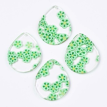 Transparent Clear Cellulose Acetate(Resin) Pendants, Printed, Teardrop with Flower, Lime Green, 34x28x2.5mm, Hole: 1.4mm