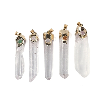 Natural Quartz Crystal Big Pendants with Mixed Stone, Rock Crystal Prism Charms with Golden Tone Metal Snap on Bails, 58.5~63x10~18x9.5~17mm, Hole: 8x4mm