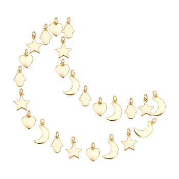 24Pcs 4 Style Brass Pendants, Long-Lasting Plated, Hamsa Hand & Star & Moon & Heart, Real 18K Gold Plated, 6pcs/style