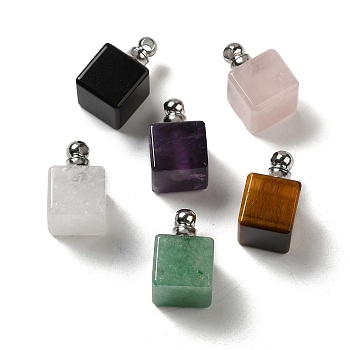 Natural Mixed Gemstone Perfume Bottle Pendants, Square Charms with Stainless Steel Color Plated 304 Stainless Steel Findings, 19x12x12mm, Hole: 2mm