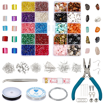 DIY Jewelry Kits, with Gemstone Beads, FGB Glass Beads, Iron Jump Rings & Earring Hooks, Elastic Crystal Thread and 304 Stainless Steel Tweezers, Mixed Color, 130x68x21mm