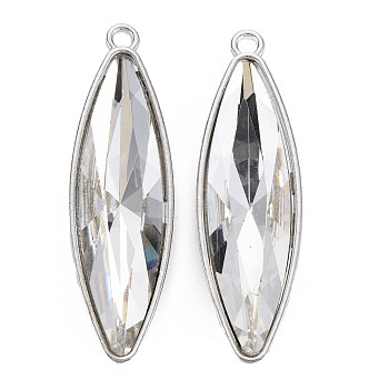 Faceted Glass Big Pendants, with Alloy Open Back Settings, Horse Eye, Cadmium Free & Lead Free, Clear, Platinum, 55x16x8mm, Hole: 3mm