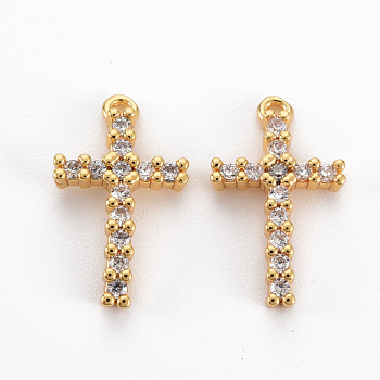 Brass Clear Cubic Zirconia Pendants, Nickel Free, Cross, Real 18K Gold Plated, 17x10x2.5mm, Hole: 0.9mm