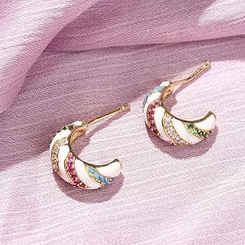 C-Shaped Brass Micro Pave Cubic Zirconia Stud Earrings, with Enamel, Cadmium Free & Lead Free, Long-Lasting Plated, Rack Plating, Real 16K Gold Plated, 15x11.5x5.5mm