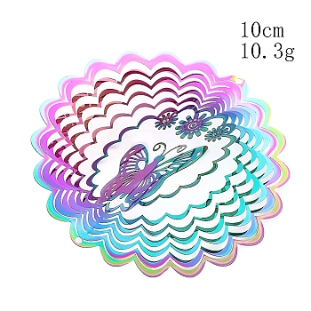 Stainless Steel 3D Wind Spinners, for Outside Yard and Garden Decoration, Flower with Butterfly, Rainbow Color, 100mm