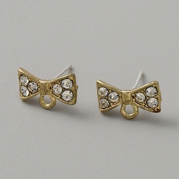 Alloy Stud Earrings, with Crystal Rhinestone & Horizontal Loops, Bowknot, Golden, 8x13mm, Hole: 1.6mm, Pin: 0.8mm