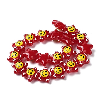 Glass Enamel Beads, Star with Smiling Face Pattern, FireBrick, 20.5x22x11mm, Hole: 1.6mm