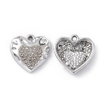 Alloy Rhinestone Pendants, Heart Charm, Platinum, Crystal, 15x15x3.5mm, Hole: 1.4mm