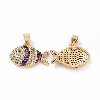 Brass Micro Pave Clear Cubic Zirconia Pendants, Fish, Magenta, 21x14.5x3~3.5mm, Hole: 3.5x5mm