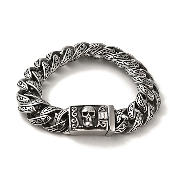 304 Stainless Steel Skull Cuban Link Chain Bracelets for Women Men, Antique Silver, 9-1/4 inch(23.5cm)
