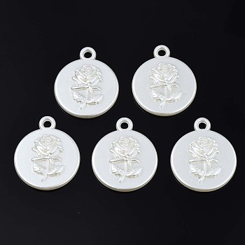 Acrylic Imitation Pearl Pendants, Flat Round with Flower, Creamy White, 29.5x25x4.5mm, Hole: 2.5mm, about 300pcs/500g.