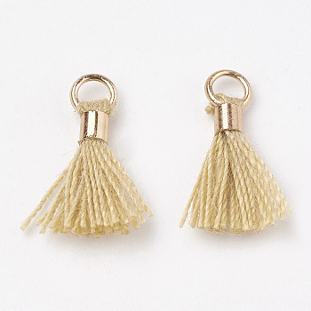 Polycotton(Polyester Cotton) Tassel Pendant Decorations, Mini Tassel, with Brass Findings, Light Gold, Wheat, 10~15x3~4mm, Hole: 2mm