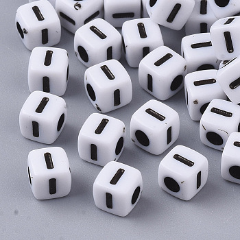 White Opaque Acrylic Beads, Horizontal Hole, Cube with Black Alphabet, Letter.I, 4~5x4~5x4~5mm, Hole: 1.8mm, about 6470~6500pcs/500g