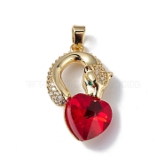 Real 18K Gold Plated Rack Plating Brass Micro Pave Clear Cubic Zirconia Pendants, with Glass, Long-Lasting Plated, Cadmium Free & Lead Free, Leopard with Heart Charm, Red, 28.5x17.5x8mm, Hole: 5x3.2mm(KK-C015-12G-02)