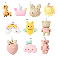 10Pcs 10 Styles Opaque Resin Pendants, Cartoon Charms, with Platinum Tone Iron Loops, Bear & Rabbit Head & Crown, Mixed Shapes, Mixed Color, 22~32.5x17.5~24x5~10mm, Hole: 2mm, 1pc/style(RESI-FS0001-31)