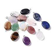 Natural & Synthetic Mixed Gemstone Pendants, Flat Oval Charms, with Stainless Steel Color Tone Stainless Steel Loops, 21.5~22x13~14x4.5~5.5mm, Hole: 2mm(G-M395-07)