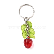 Acrylic Pendant Keychain, with Leaf Charms and Iron Keychain Ring, Strawberry, 7.5cm, Pendant: 50x12.5mm(KEYC-JKC00634-01)