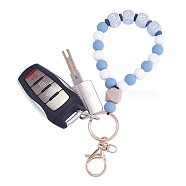Silicone Round Beaded Keychain Wristlet, Letter Love Natural Lava Rock Beads Keychain, with Alloy Keychain Clasps Finding, Light Steel Blue, 20.08cm(KEYC-SW00006-04)