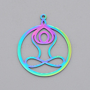 Ion Plating(IP) 201 Stainless Steel Pendants, Laser Cut, Ring with Yoga, Rainbow Color, 33.5x27.5x1mm, Hole: 1.6mm(STAS-T056-LA462)
