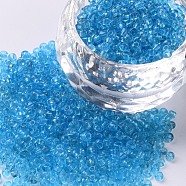 Glass Seed Beads, Transparent, Round, Sky Blue, 12/0, 2mm, Hole: 1mm, about 30000 beads/pound(SEED-A004-2mm-3)