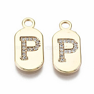 Brass Micro Pave Clear Cubic Zirconia Pendants, Nickel Free, Real 18K Gold Plated, Oval with Word, Letter.P, 16x7.5x1.5mm, Hole: 1.8mm(KK-S360-052P-NF)