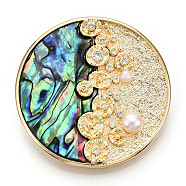 Natural Paua Shell Flat Round Brooches with Pearl, Brass Pave Cubic Zirconia Pins, Real 14K Gold Plated, 44x13mm(JEWB-N001-07G)