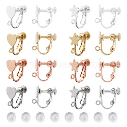 Pandahall 16Pcs 8 Style Star & Heart Brass Clip-on Earring Findings, Screw Back Ear Wire Non Pierced Earring Converter, with Vertical Loops and 16Pcs Plastic Pads, Mixed Color, 15~16x17~18x8mm, Hole: 1.4~1.5mm, 2Pcs/style(KK-TA0001-26)