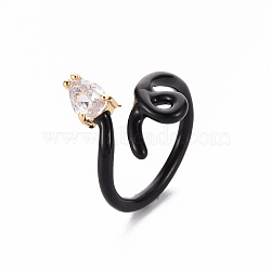 Brass Micro Pave Clear Cubic Zirconia Cuff Rings, Open Rings, with Enamel, Snake, Cadmium Free & Nickel Free & Lead Free, Real 16K Gold Plated, Black, US Size 6, Inner Diameter: 17mm(RJEW-S045-116I-NR)