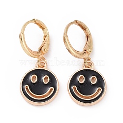 Hollow Out Smiling Face Enamel Hoop Earrings for Women, Double Side Light Gold Tone Alloy Dangle Earrings, Black, 25mm, Pin: 0.7mm(EJEW-G304-01KCG-01)