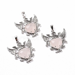 Natural Rose Quartz Pendants, Eagle with Heart Charms, with Rack Plating Platinum Tone Brass Findings, 36.5x33.3x6~7mm, Hole: 8x5mm(G-P496-04P-15)