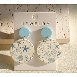 Acrylic Dangle Stud Earrings, Flat Round with Starfish Pattern, Sky Blue, 47x32mm(FS-WG5876E-01)