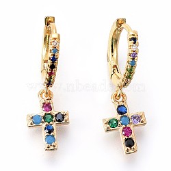 Brass Dangle Hoop Earrings, with Micro Pave Cubic Zirconia, Cross, Colorful, Golden, 27mm, Pin: 0.8mm(EJEW-F190-02G)