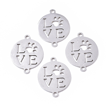 201 Stainless Steel Links connectors, Laser Cut, Flat Round with Word Love & Paw, Stainless Steel Color, 20.5x16x1mm, Hole: 1.5mm