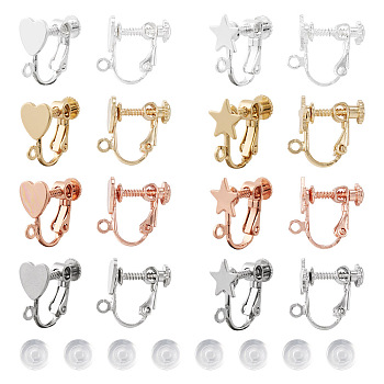 Pandahall 16Pcs 8 Style Star & Heart Brass Clip-on Earring Findings, Screw Back Ear Wire Non Pierced Earring Converter, with Vertical Loops and 16Pcs Plastic Pads, Mixed Color, 15~16x17~18x8mm, Hole: 1.4~1.5mm, 2Pcs/style